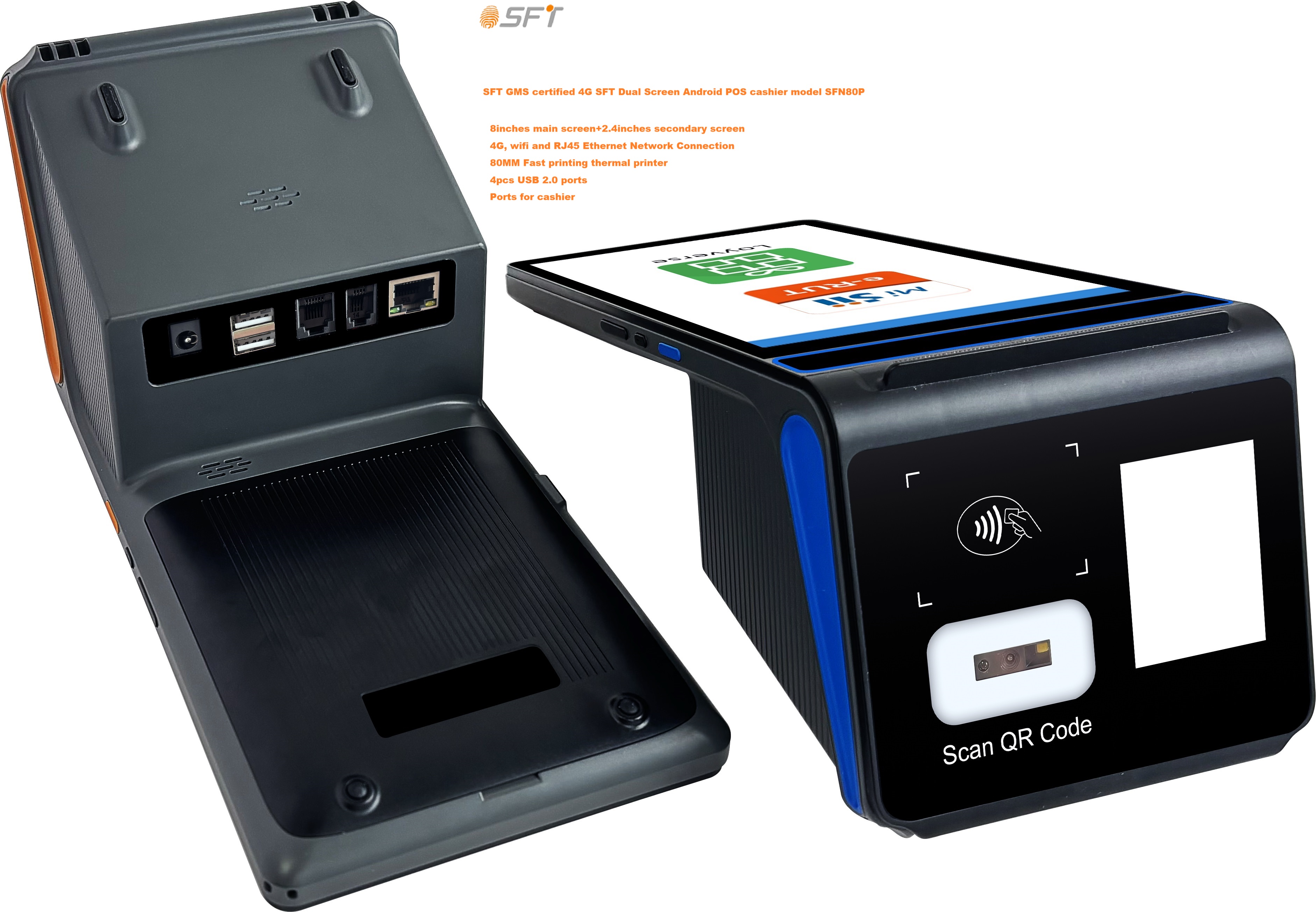 Caixa POS Android portátil com tela dupla e atualizado para a versão POS Android 14 certificada pela GMS